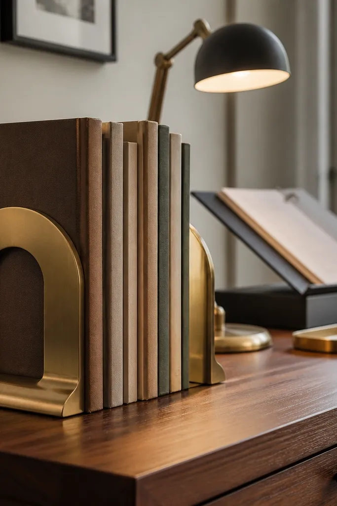 Two metal bookends holding textbooks vertically on a desk