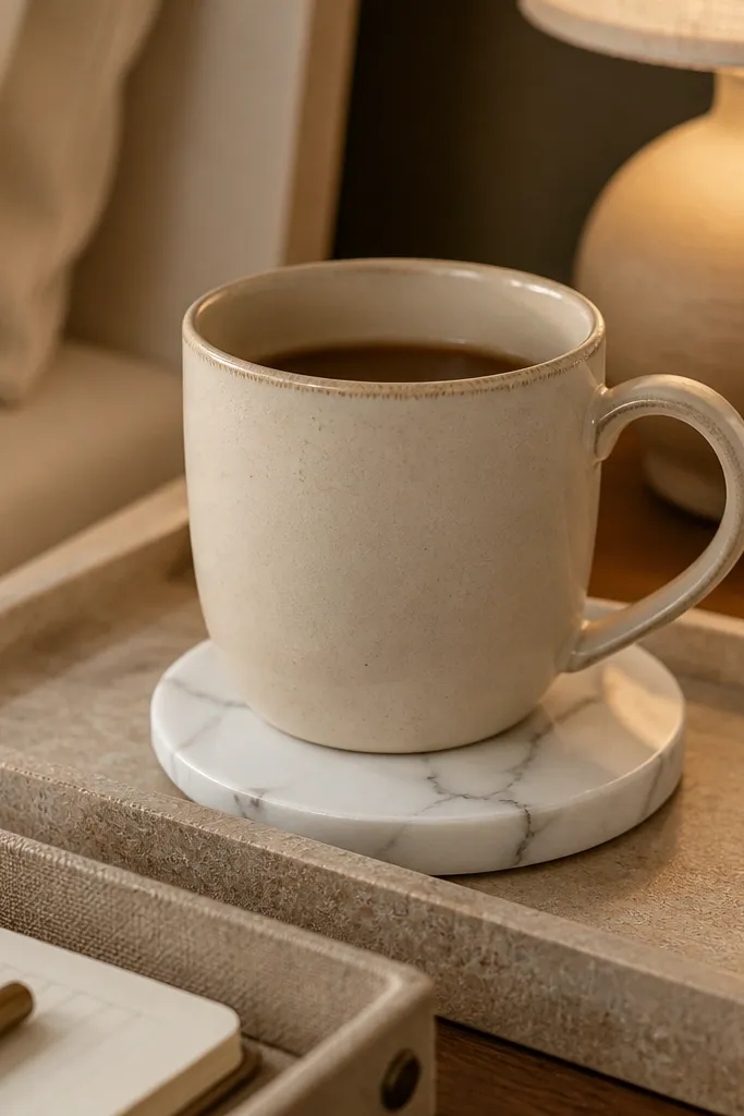 Small tray with a mug and a marble-style coaster on a desk