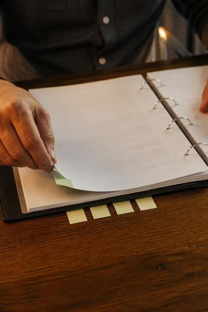 Neutral sticky notes in two colors placed neatly on a notebook and wall
