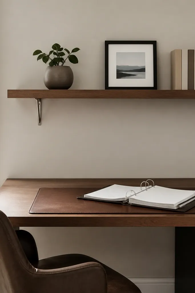 Small wall shelf above desk holding one plant, one frame, and one book