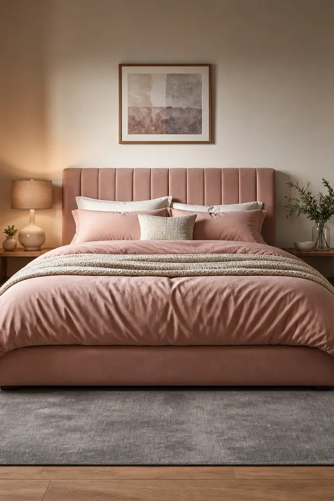 Dusty pink bed with pillows, soft gray rug, and warm string lights by the wall