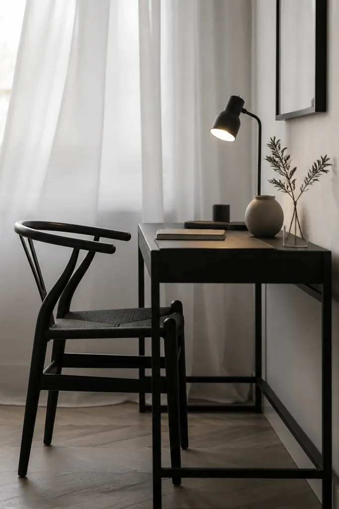 Small desk nook with black chair, desk lamp, and white curtains framing a window wall