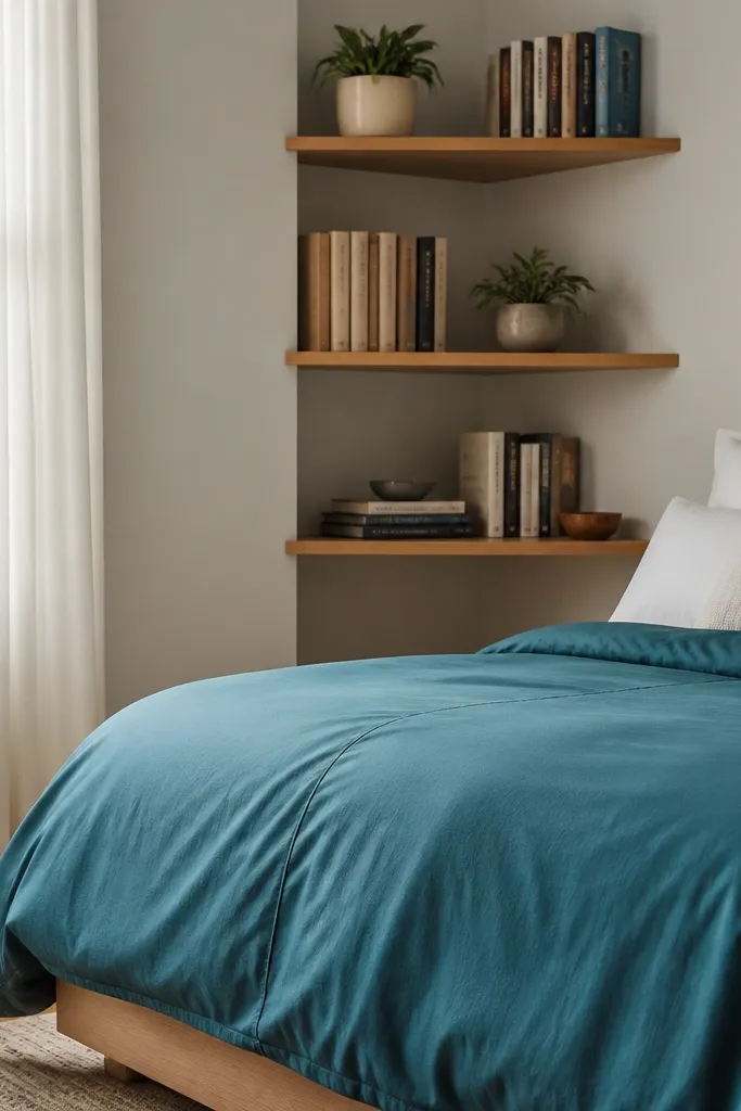 Teal bedding with white accents and corner shelves with books and a small decor plant