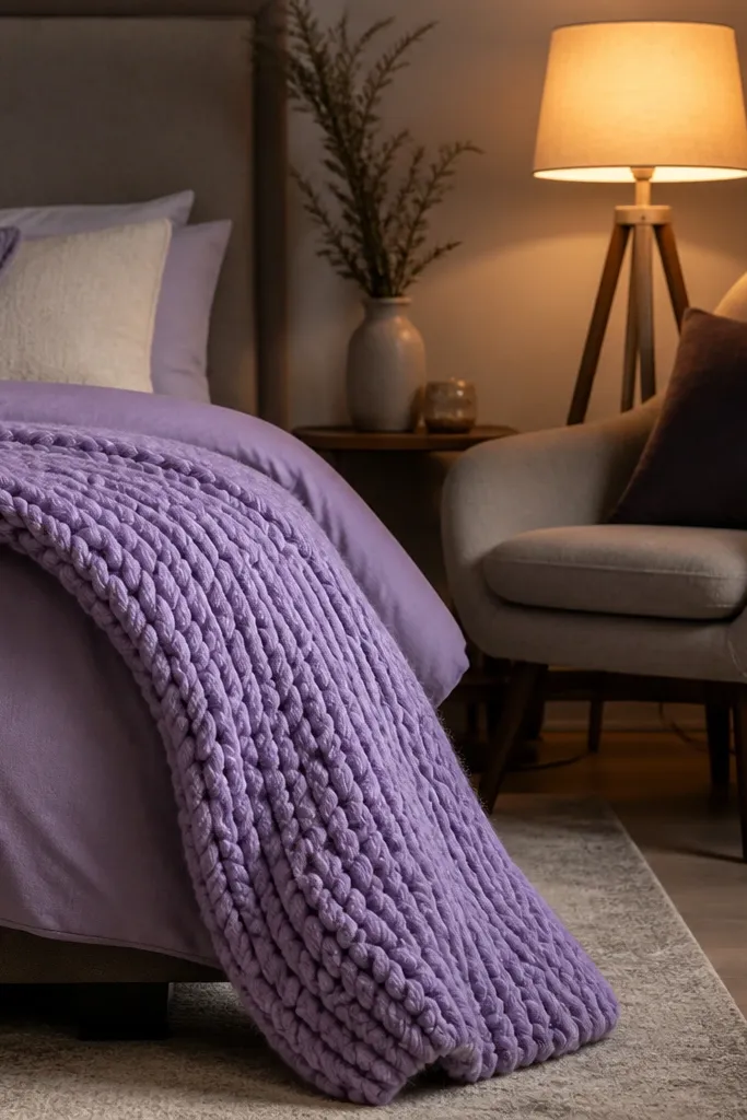 Lavender throw over bed with warm lamp light and a small reading chair in the corner