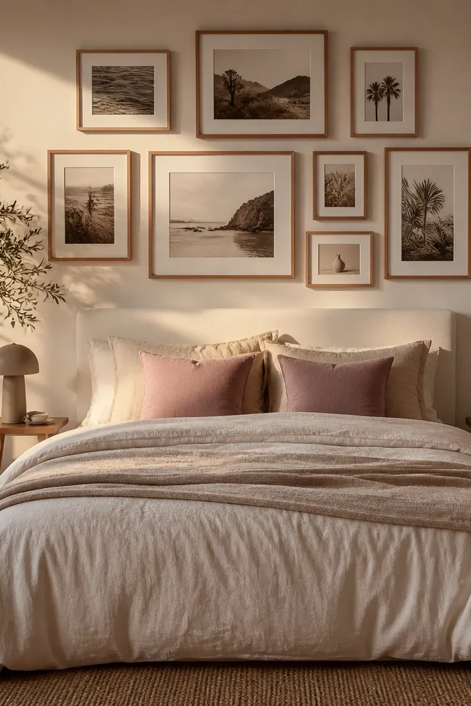Warm wood framed collage above bed with matching nightstand and string lights