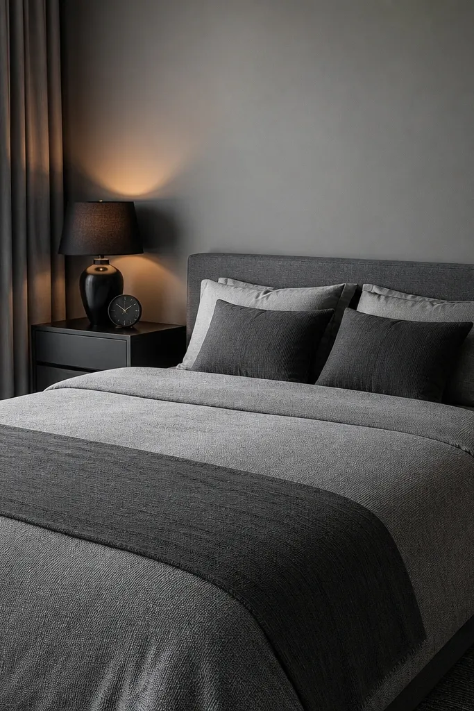 Gray bedding with black nightstands, matching lamp, and a simple minimalist wall
