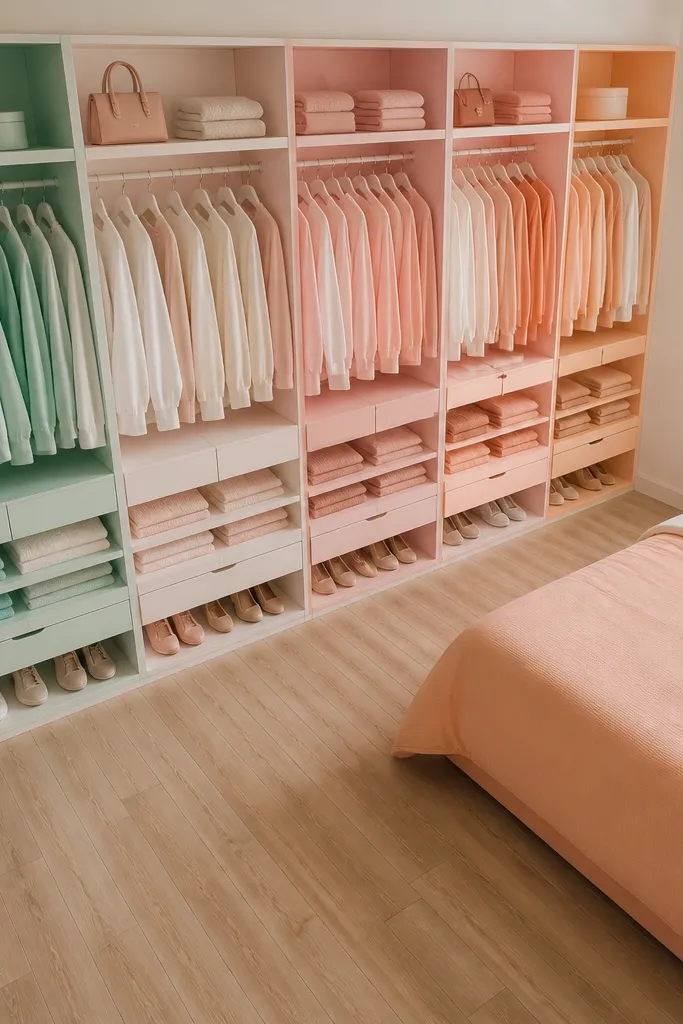 Bed in solid pastel color with a colorful closet wall of hangers and small pastel decor