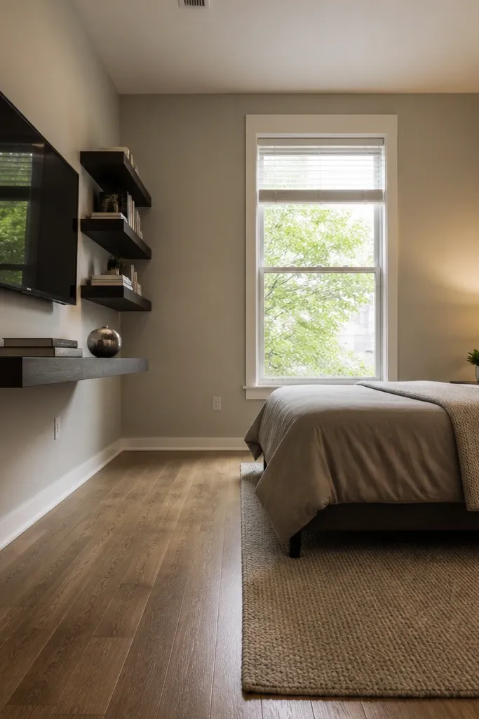 Wall-mounted TV area with floating shelves, low bed, and a compact rug zone