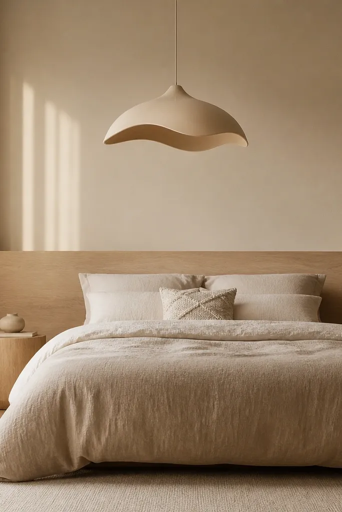 Beige bedding with a pendant lamp above the bed and simple neutral wall decor