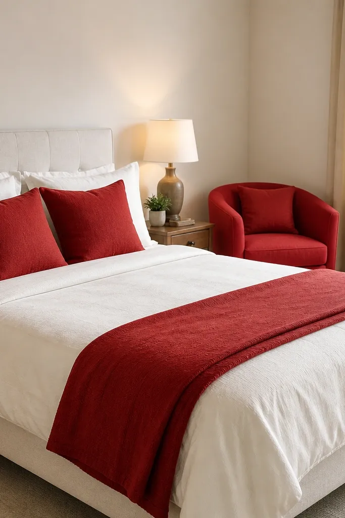 White bed with red pillows, red accent chair, and warm lamp lighting