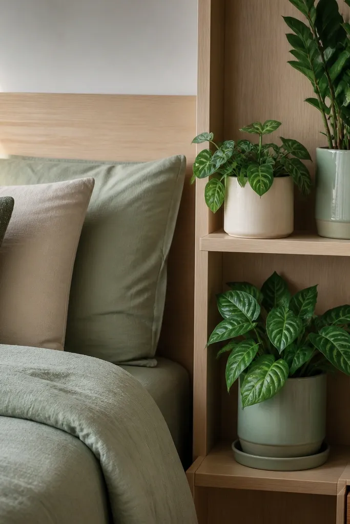 Light green bedding with plant shelf beside bed and leafy decor around the window area