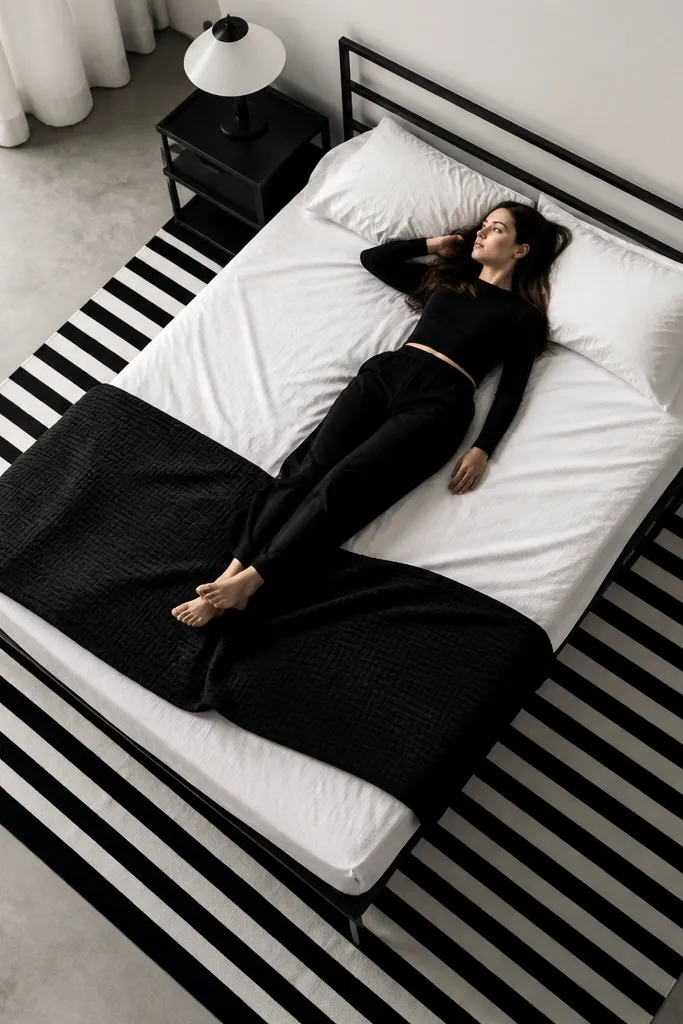 Black and white striped rug under bed with minimal nightstand and monochrome decor