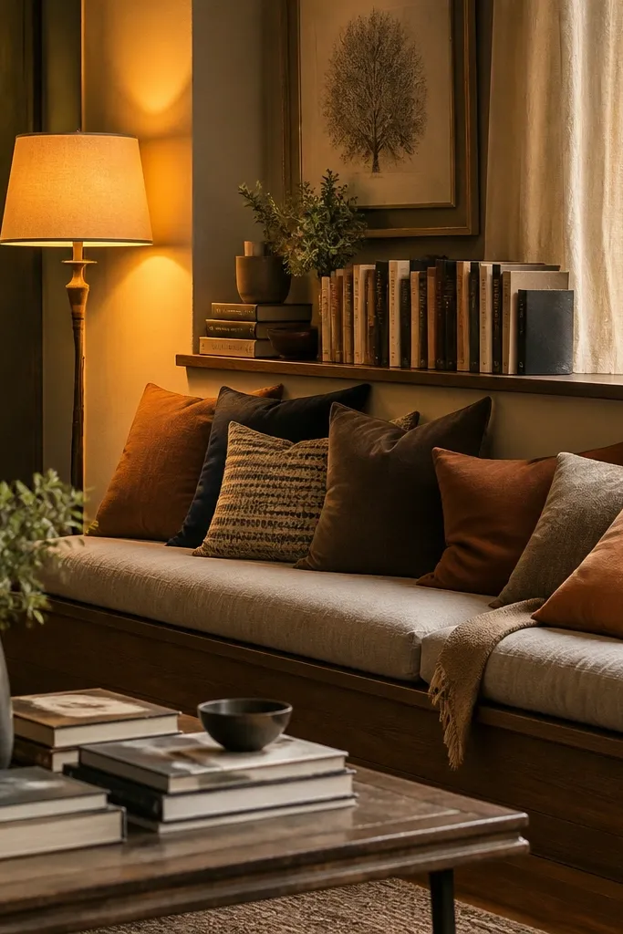 Reading wall with window-seat style bench, layered pillows, and stacked books near warm lighting
