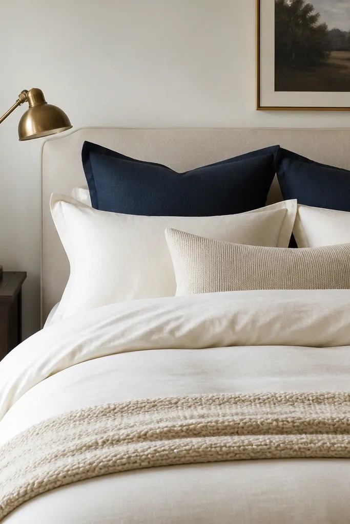 A bed with a warm white duvet cover, two navy euro shams stacked behind smaller pillows, and a cream knit throw folded at the foot; a dark wood nightstand and a brass lamp are visible.