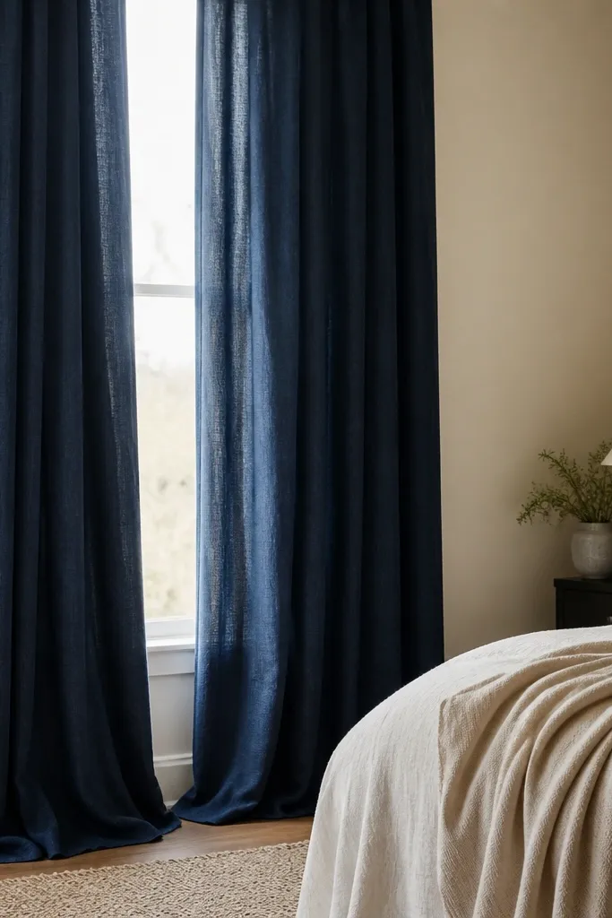 Window covered with navy linen-blend curtains hanging to the floor with light pooling at the bottom; a warm white wall and a cream bedside lamp are in frame.