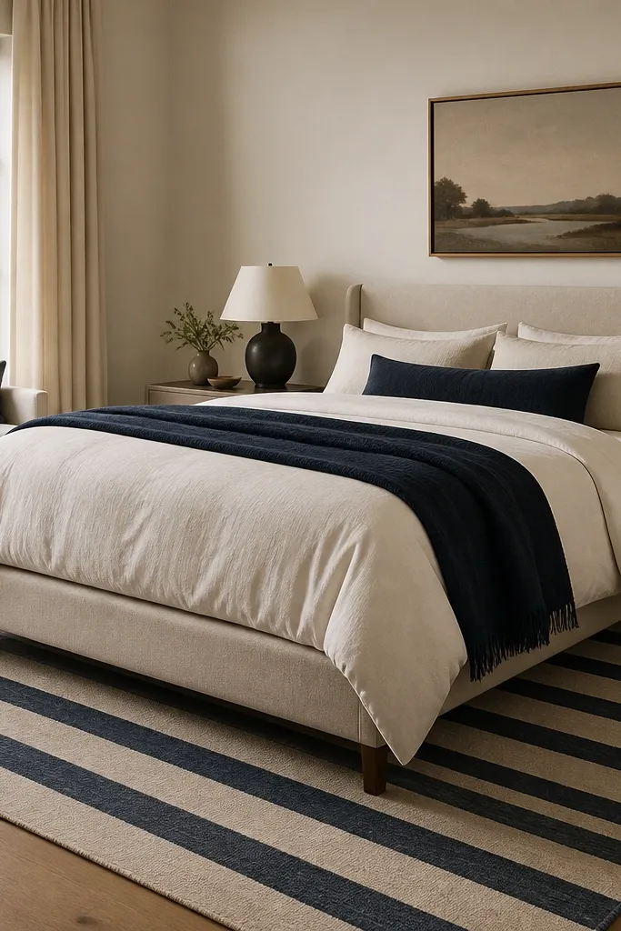 A large rug with navy and oatmeal stripes placed so the front legs of the bed sit on it; cream bedding and a navy throw sit on top.