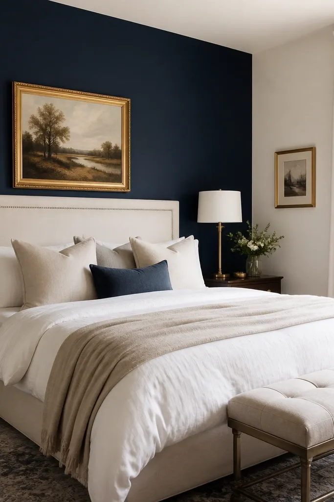One wall behind the headboard painted a deep matte navy; the rest of the room is warm off-white, with a cream headboard and gold-framed art.