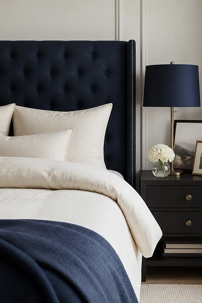 A navy upholstered quilted headboard; cream bedding and a navy bedside lamp shade; small framed prints on the nightstand.