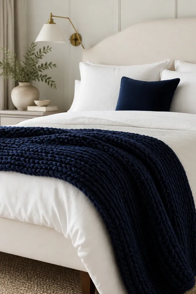 A navy chunky knit throw draped over the foot of a cream bed with white pillows and a small navy cushion.