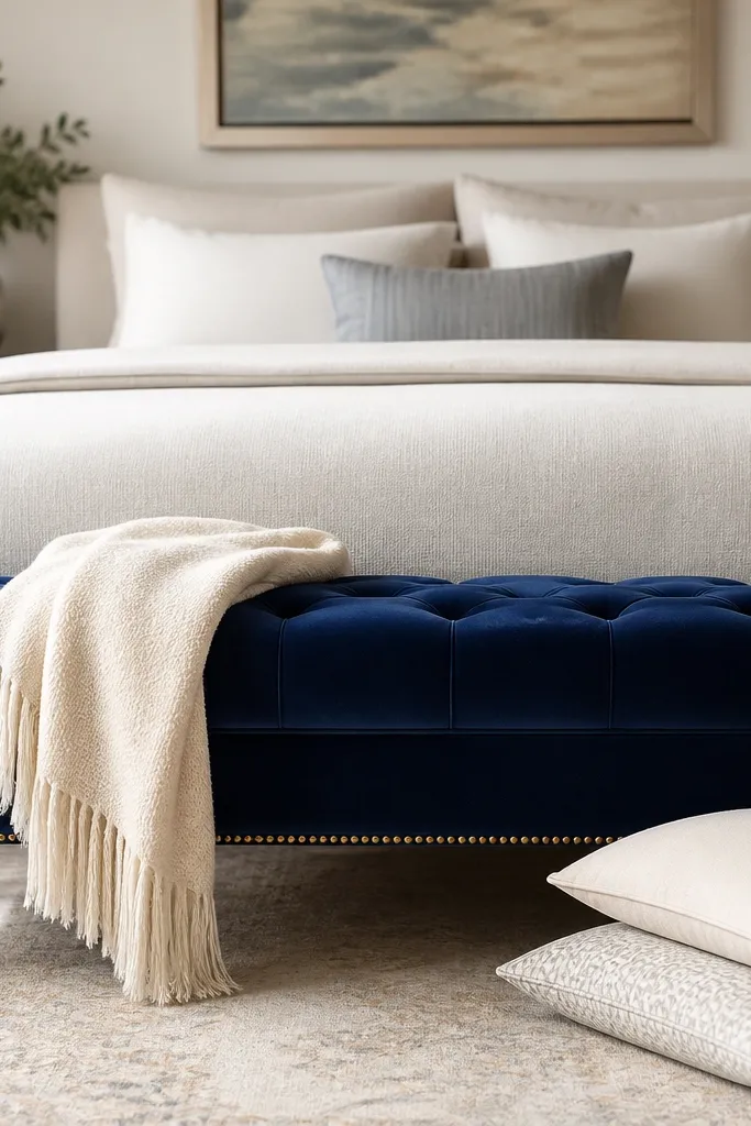 A navy velvet bench placed at the foot of a bed; a cream throw and a couple of stacked pillows sit neatly beside it.
