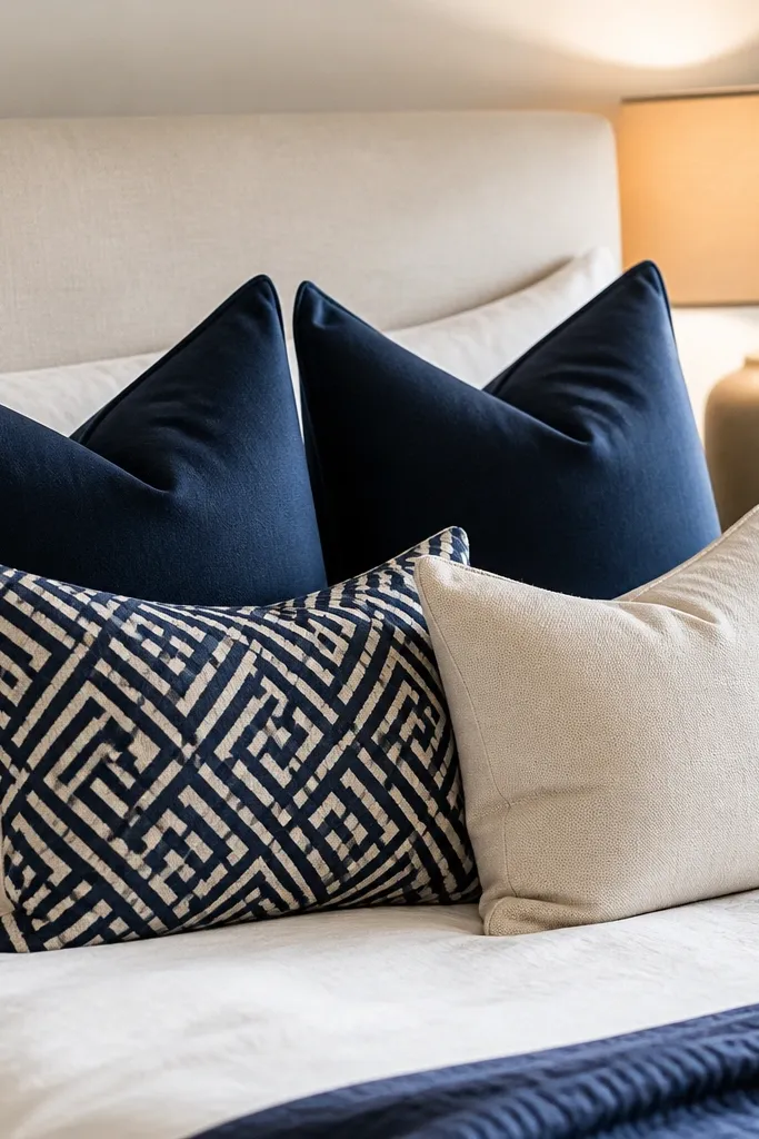 Bed pillows in cream and navy with one geometric navy pillow, two solid navy pillows, and a cream pillow; a warm lamp glows in the background.