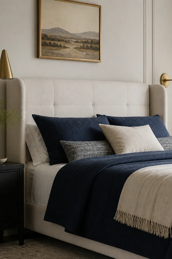 Two wall sconces with antique gold finish mounted on either side of the bed; navy bedding and a cream headboard are visible.