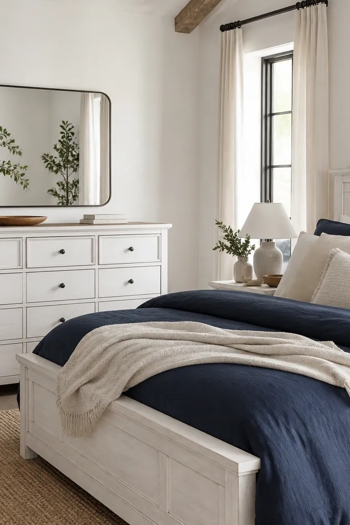 Whitewashed dresser and bed frame with navy duvet and cream pillows; a simple mirror hangs above the dresser.
