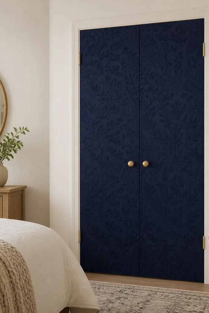 Closet doors covered with navy peel-and-stick wallpaper while other walls are warm off-white; a cream hamper sits nearby.
