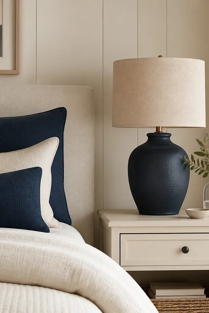 A bedside lamp with a navy base and a linen drum shade on a cream nightstand; the bed has navy pillows and cream bedding.