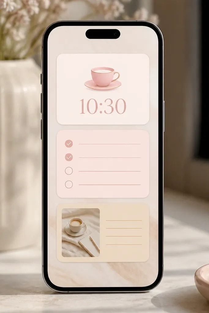 A phone home screen with three stacked widgets. The top widget shows a pink coffee icon with the time in soft blush text. The second widget has a small checklist with rounded corners in pale pink. The third widget is a tiny note preview with a latte-colored background.