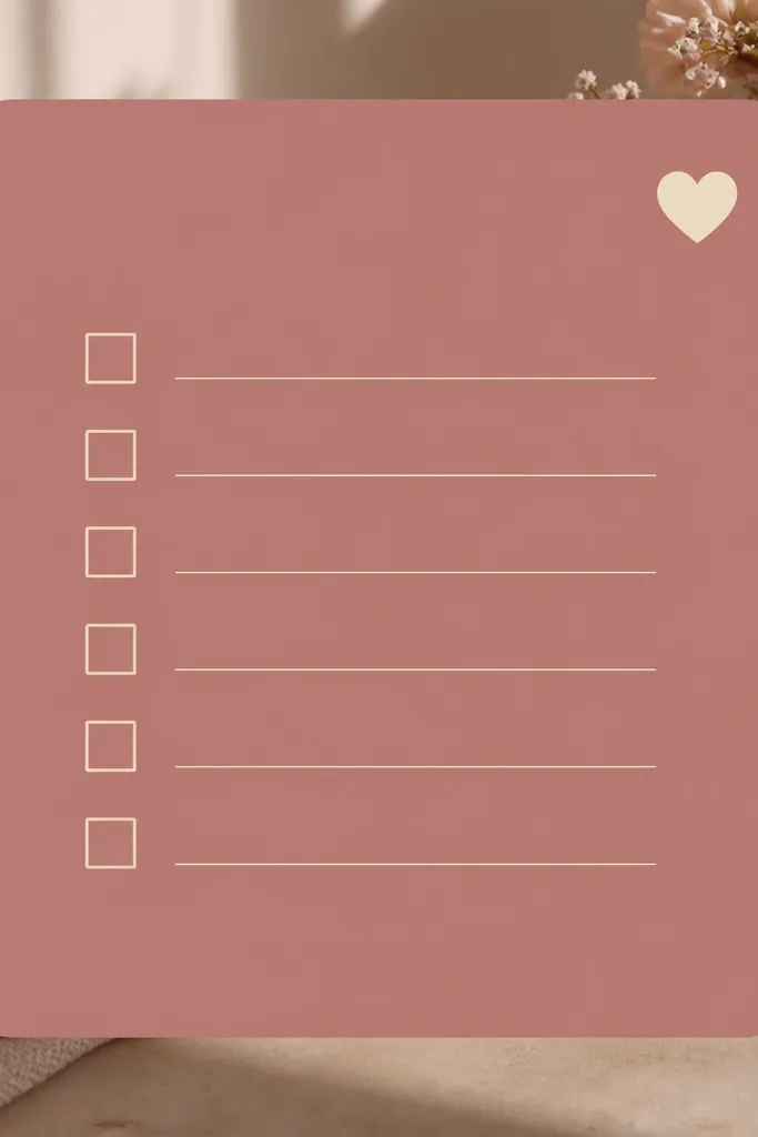 A single large widget tile with a dusty rose background. It shows a grocery list preview with small checkboxes and a heart-shaped icon in the corner. The text is a muted cream color.