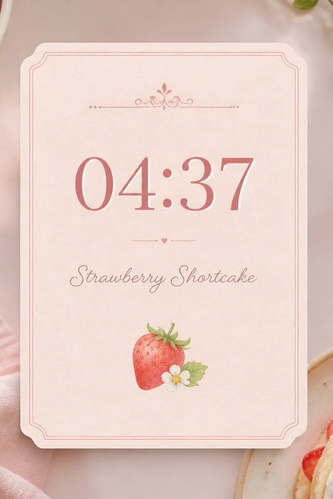 A widget styled like a recipe card. The background is pale pink with faint paper texture. It displays a timer countdown and a small recipe name in cursive-like text. A small strawberry icon sits near the bottom.