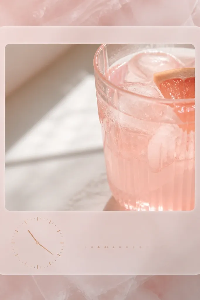 A widget showing a cropped photo of a pink drink with lots of light. The frame around the photo is a semi-transparent rose quartz style. There's a small clock and tiny text below.