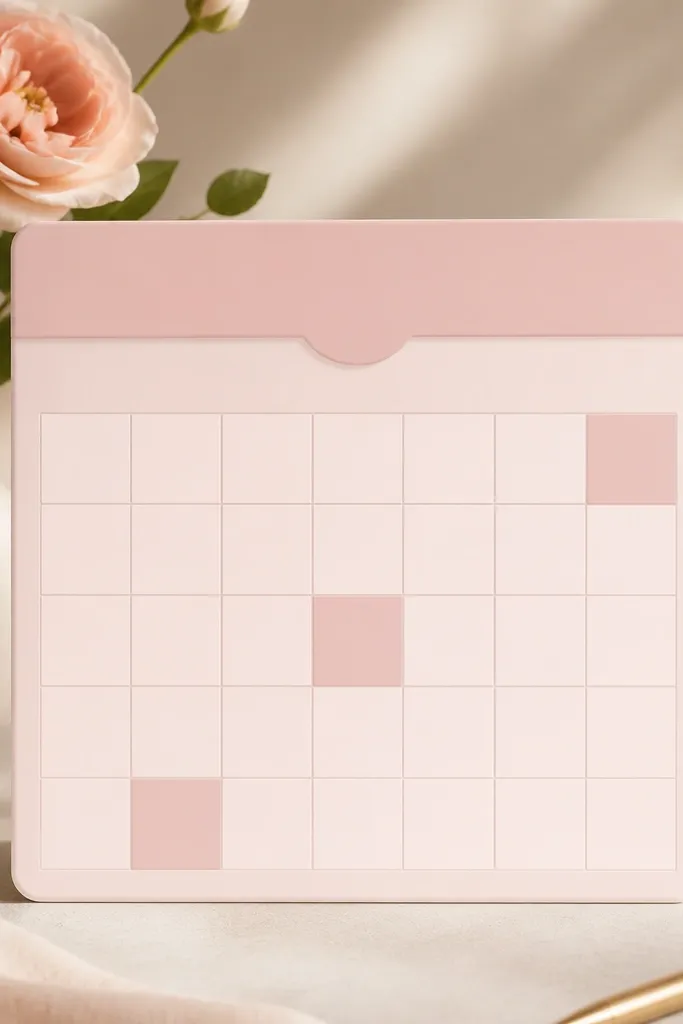 A monthly calendar widget with a soft blush background. The days are shown in a grid with muted pink highlights on a few dates. There's a small header with the month name in cream text.