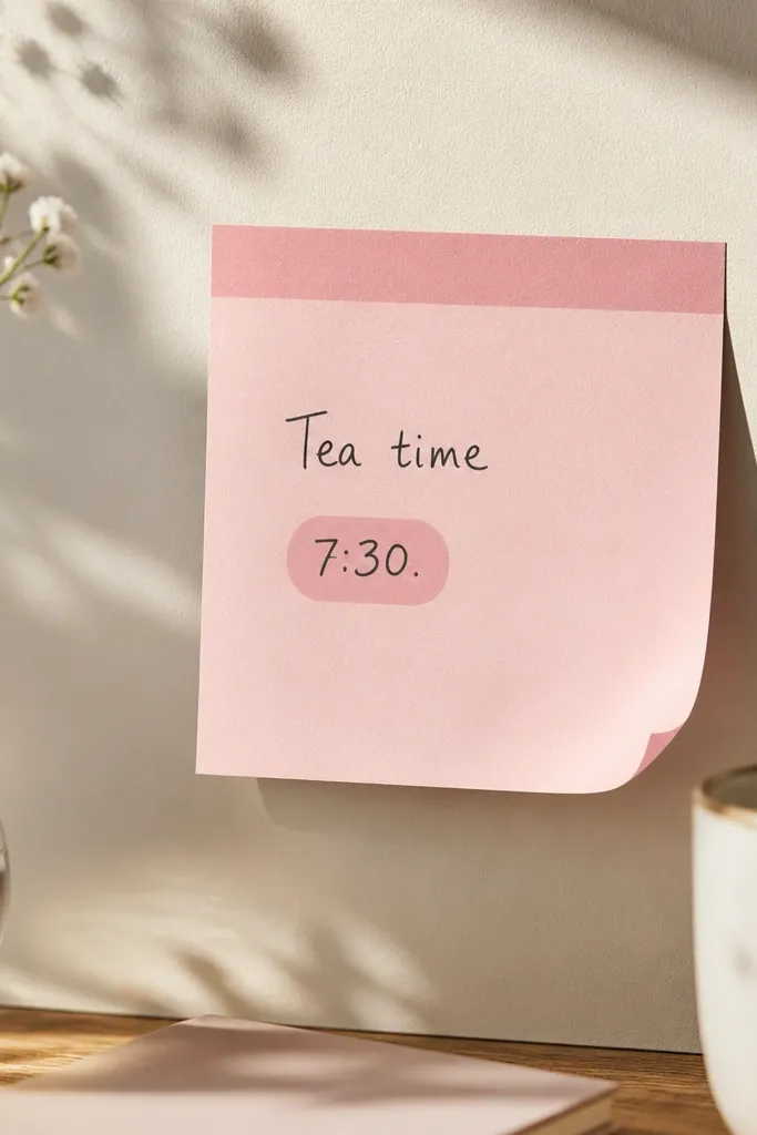 A sticky-note style widget in pale pink with a darker pink header strip. It shows two short lines of text: "Tea time" and a small tag like "7:30."