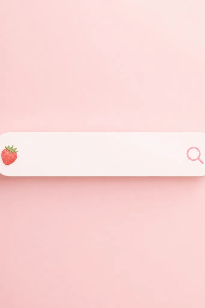 A widget that looks like a search bar with rounded corners. The left side has a tiny strawberry icon, and the right side has a small pink magnifying glass. The background is light pink with a subtle gradient.