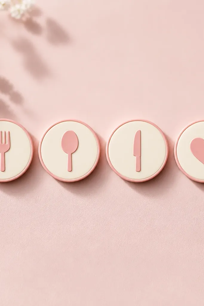 A small horizontal widget with four circular icons. The icons are simple: fork, spoon, knife, and a heart. The background is pale pink and the icons are cream with pink outlines.