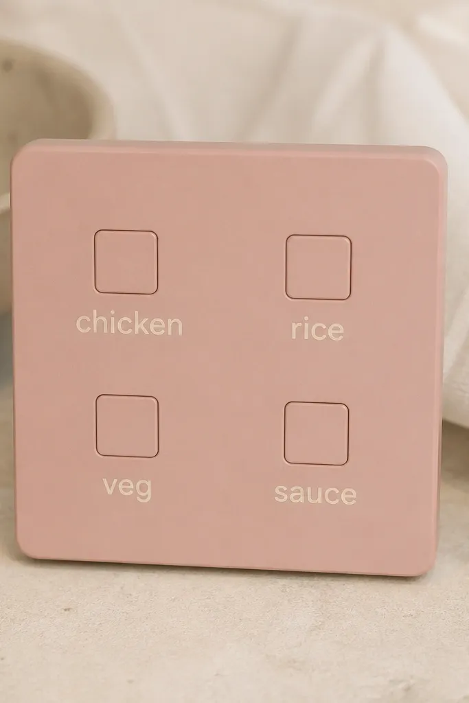 A widget in pale pink with a 2x2 grid of checkboxes. Each box has a short label like "chicken," "rice," "veg," "sauce." The labels are in cream text.