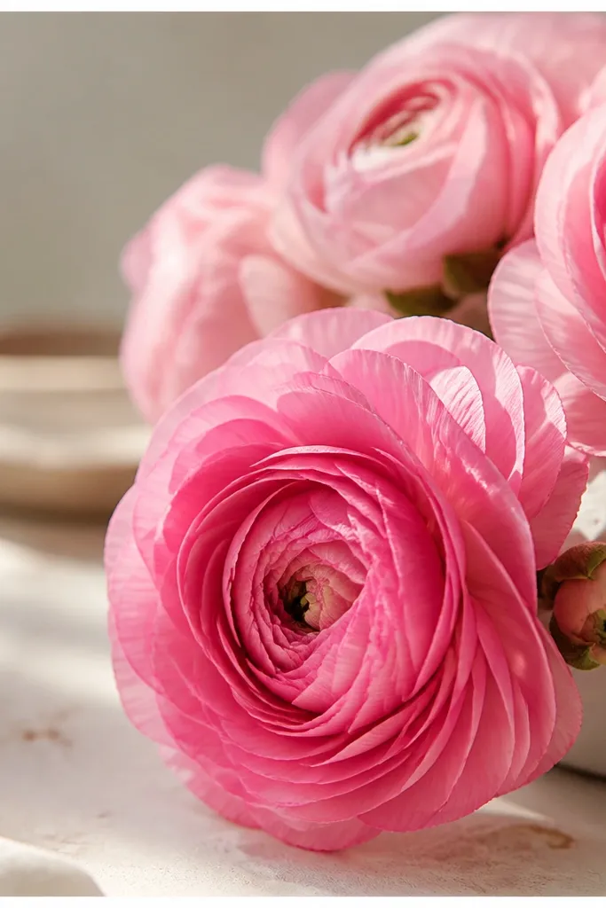 A small widget tile with a close-up photo of pink flowers on a light table. The widget has a thin white border and rounded corners. No text is shown except a tiny clock in the corner.