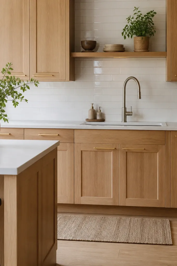 A bright kitchen with shaker-style white oak cabinets in a clear natural finish, matte sheen. Brushed brass bar pulls run horizontally on drawers and cabinets. White quartz countertops and a white subway tile backsplash sit behind a stainless faucet.
