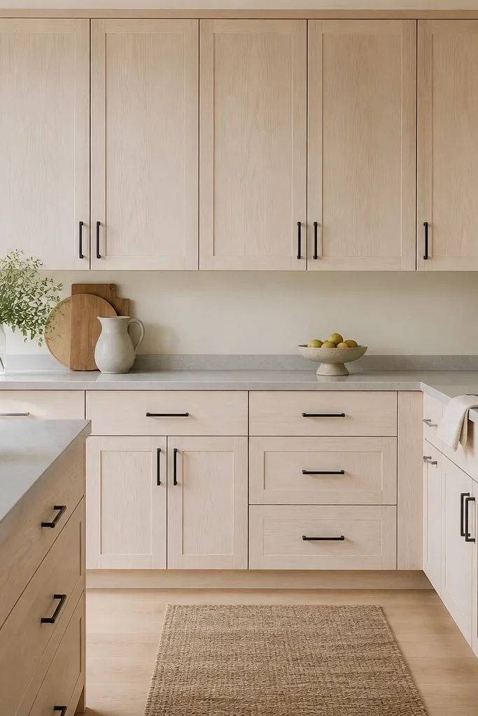Kitchen cabinets with white-washed white oak doors and a soft, chalky light finish. Matte black bar pulls and knobs. A light gray countertop and a warm white wall paint make the cabinets look airy.