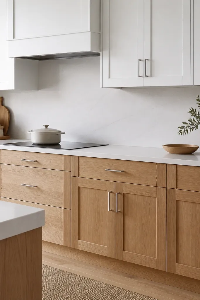 A kitchen with soft white upper cabinets and natural white oak lower cabinets. The lower doors have shaker profiles and sit above a white quartz countertop. Brushed nickel hardware is used on both cabinet sets.