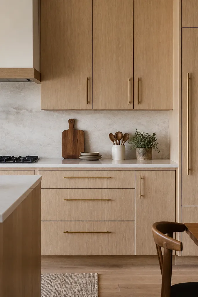 A modern kitchen with flat-panel white oak cabinets in a clear finish. Minimal recessed panels and long, unlacquered brass pulls. A light stone backsplash and warm wood accents appear in the frame.