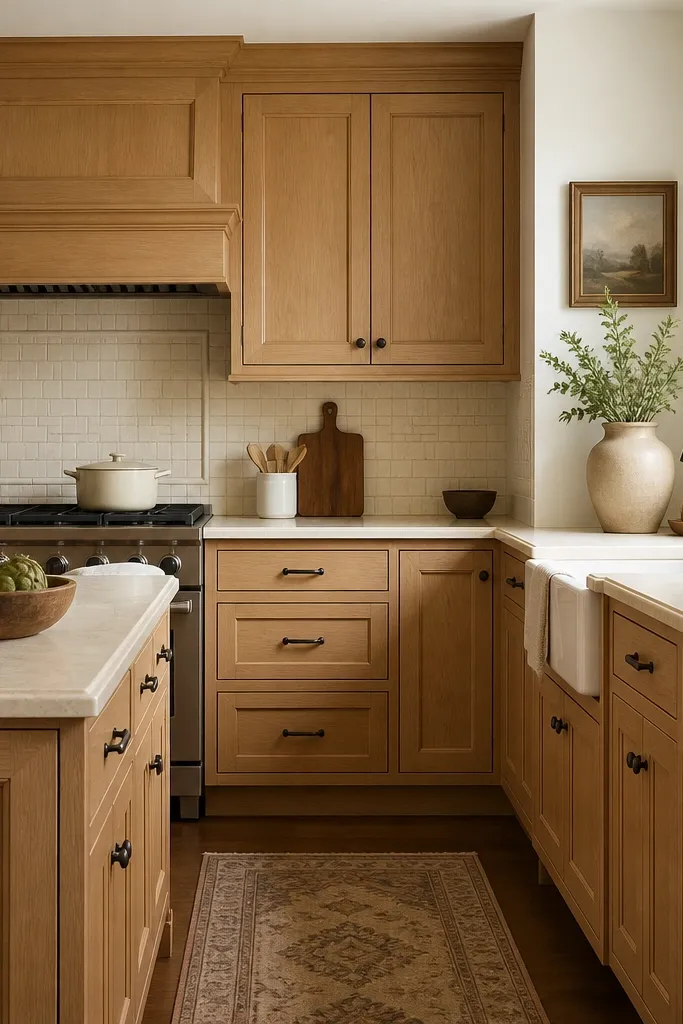 Traditional-style kitchen with raised-panel white oak cabinets in a light natural stain. Oil-rubbed bronze knobs and pulls. Warm white walls and a cream-colored backsplash tile.