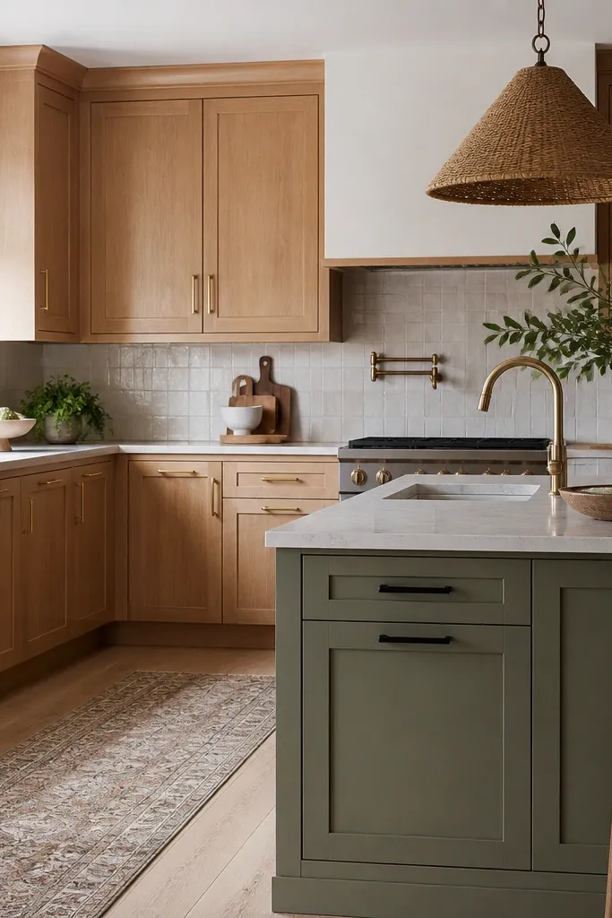 A kitchen where perimeter cabinets are white oak in a clear finish. The island is painted sage green with shaker doors. Black hardware appears on the island and brushed brass on the perimeter.