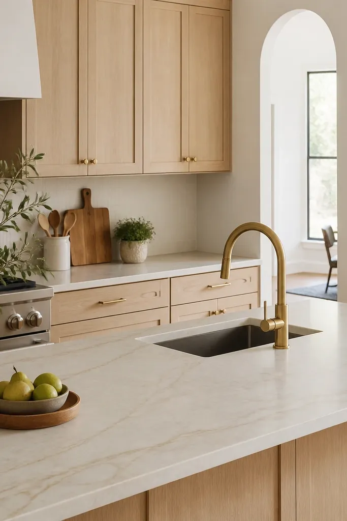 Light kitchen with white oak cabinets in natural clear finish. A honed quartzite slab with subtle warm veining. Brass faucet and a light backsplash in off-white.