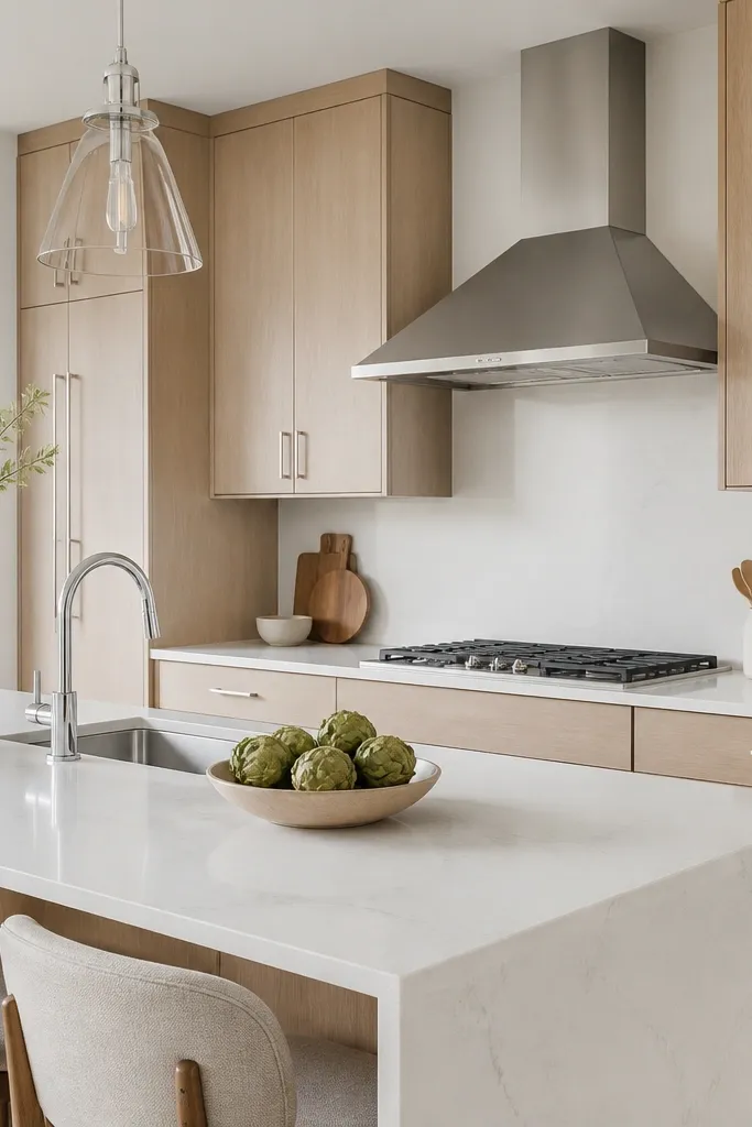 A crisp kitchen with white walls, white quartz counters, and white oak cabinets in a light neutral finish. Cabinet hardware is brushed chrome or polished chrome. A stainless range hood sits above the cooktop.