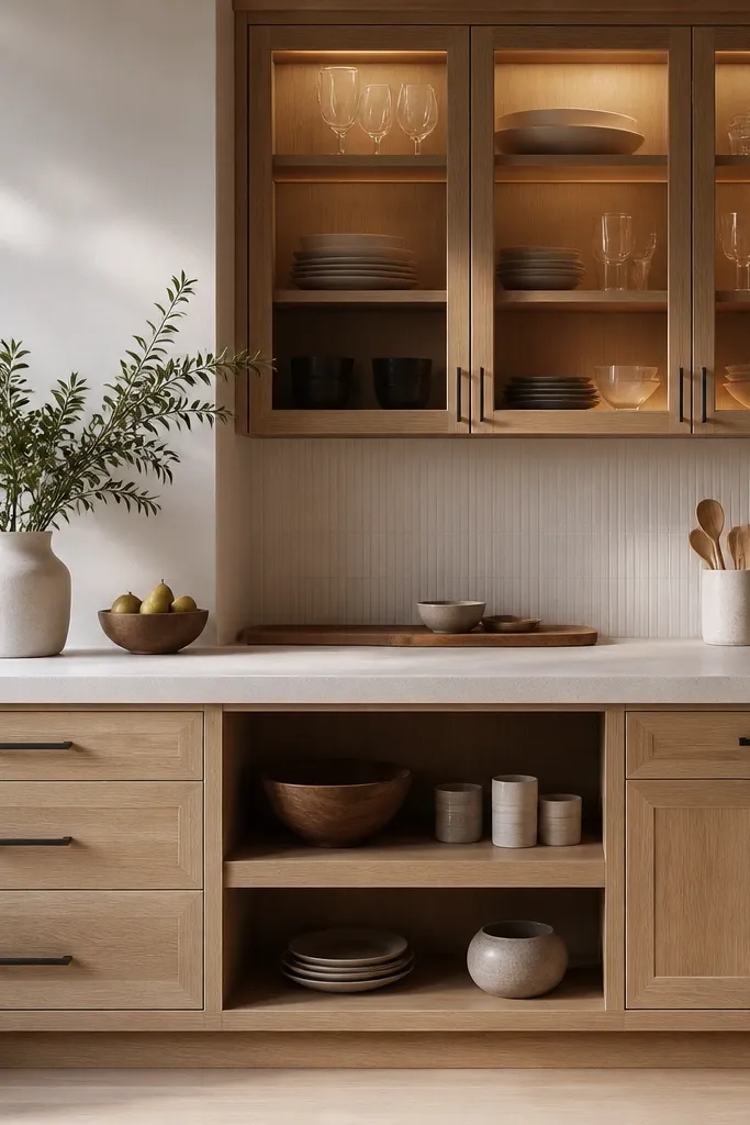 White oak base cabinets with open shelving and glass-front upper cabinets. Warm interior LED lighting glows inside the glass doors. The countertop is light stone and the backsplash is simple white tile.