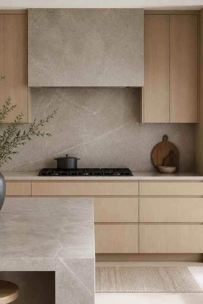 A kitchen with white oak cabinets and a full-height stone slab backsplash behind the range. The slab matches the countertop in tone. Minimal hardware and a clean, continuous line from counter to hood.