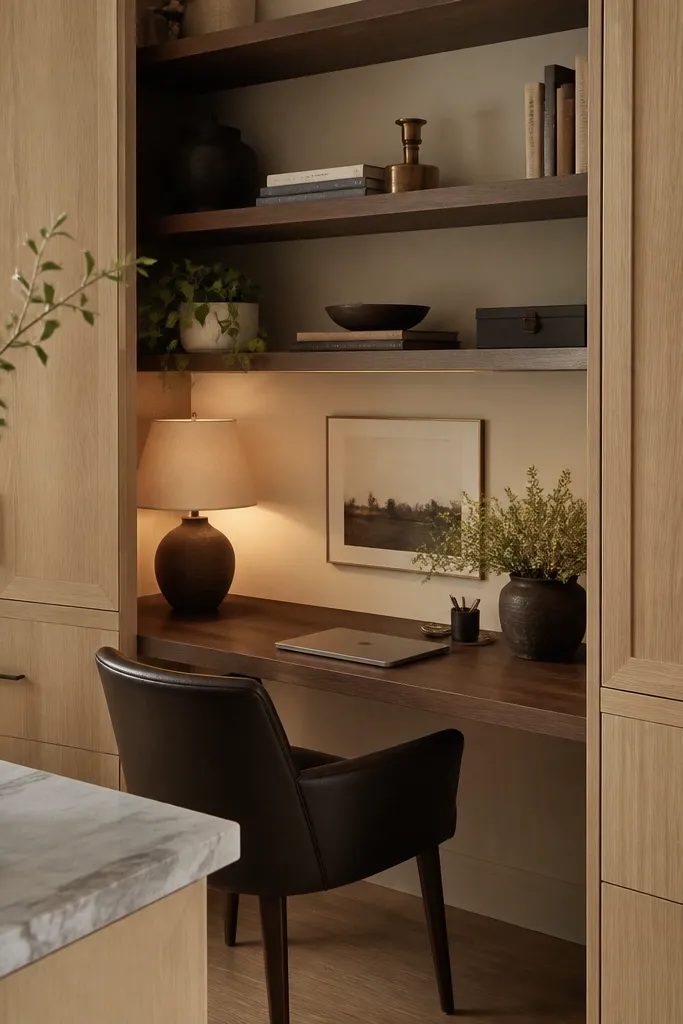 A corner in a kitchen turned into a small desk nook. White oak cabinets surround it, while the desk surface and open shelving are walnut. A dark leather chair and warm lighting complete the scene.